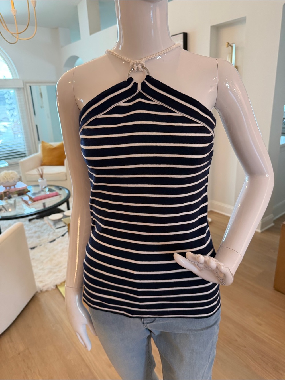 Chaps Navy and White Striped Halter Tank with Ring Detail